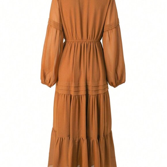 Brown Boho Womens Chiffon V-Neck Tie Elegant Long MAXI  Dress - Picture 3 of 8